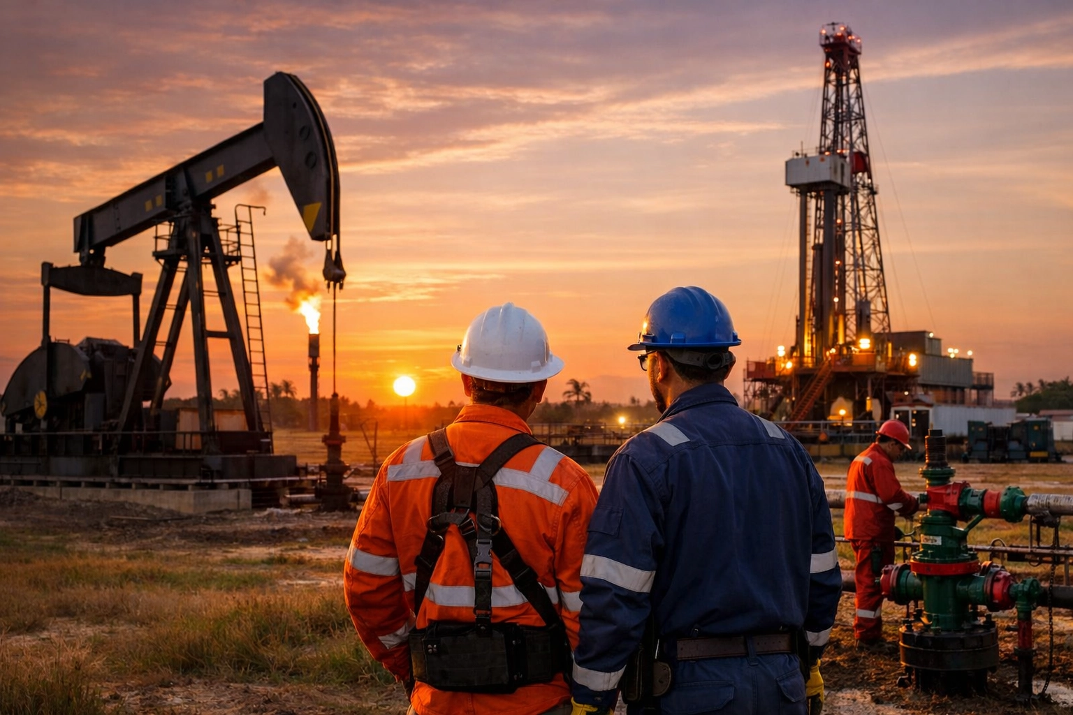 Ingenieros supervisando inversión en hidrocarburos en campo petrolero de Colombia.